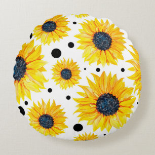 Cojín Redondo Patrón de fondo blanco de girasoles amarillos