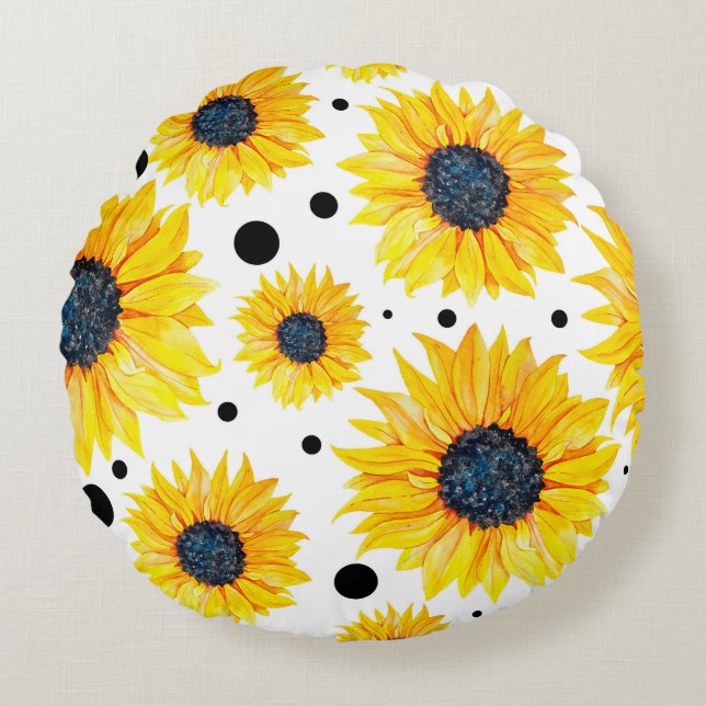 Cojín Redondo Patrón de fondo blanco de girasoles amarillos (Anverso)