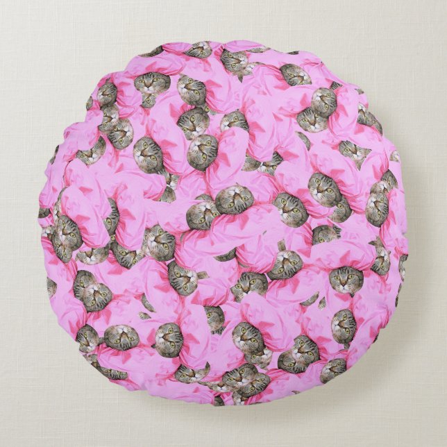 Cojín Redondo Patrón de gato rosa divertido (Anverso)