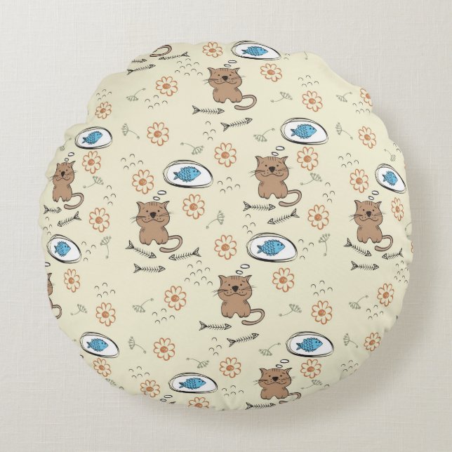 Cojín Redondo patrón de gato y pez (Anverso)