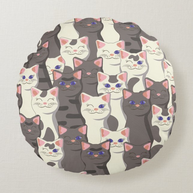 Cojín Redondo Patrón de gatos blancos y grises (Anverso)