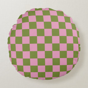 Cojín Redondo Patrón de Gingham de color verde rosa