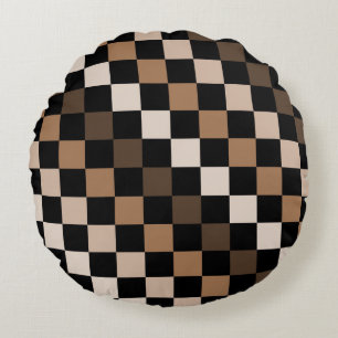 Cojín Redondo Patrón de Gingham negro negro marrón