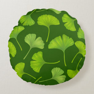 Cojín Redondo Patrón de Ginkgo en verde oscuro