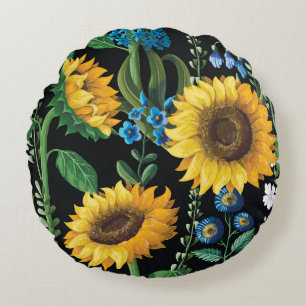 Cojín Redondo Patrón de girasol de fondo negro