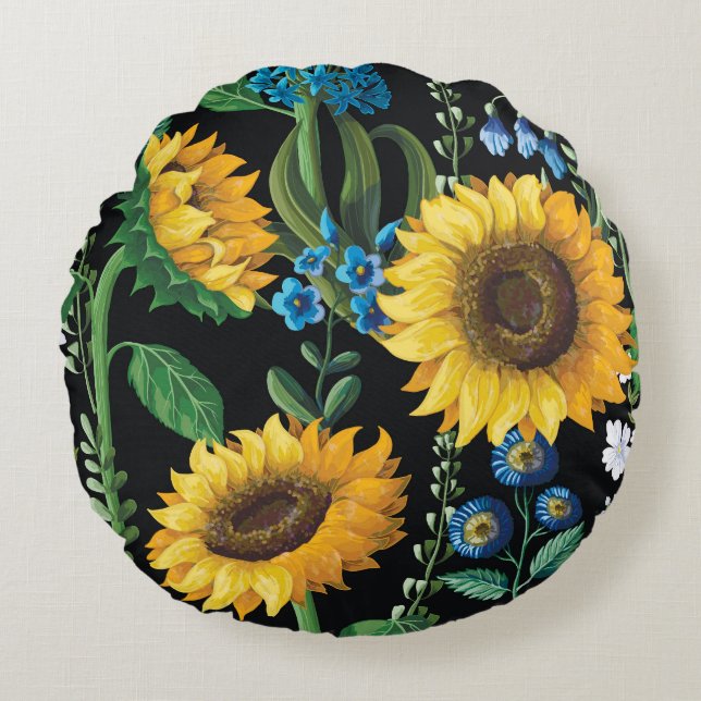 Cojín Redondo Patrón de girasol de fondo negro (Anverso)