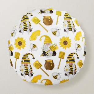 Cojín Redondo Patrón de Gnomos de Abejorro y Girasoles