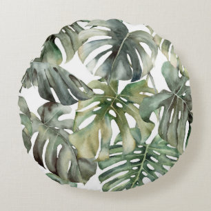 Cojín Redondo Patrón de gran acuarela de monstera tropical
