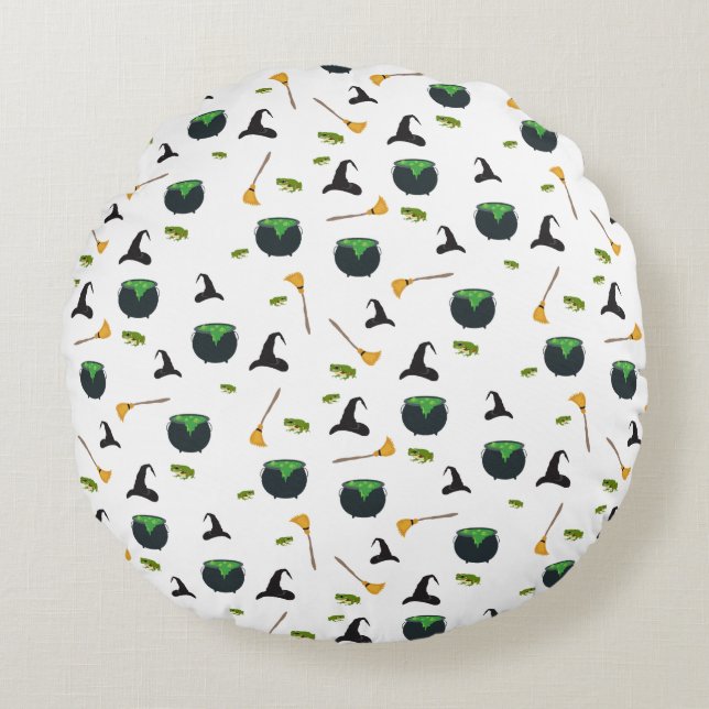 Cojín Redondo Patrón de Halloween de Broom Caldron (Anverso)