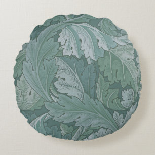 Cojín Redondo Patrón de hoja de acanto azul turquesa de William 