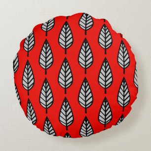 Cojín Redondo Patrón de hoja de caldo - Rojo, negro y gris / gri