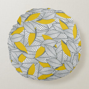 Cojín Redondo Patrón de hoja gris y amarillo.