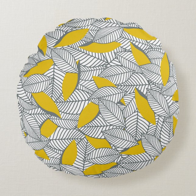 Cojín Redondo Patrón de hoja gris y amarillo. (Anverso)