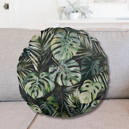 Cojín Redondo Patrón de hojas de selva tropical verde acuarela