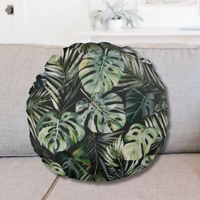 Cojín Redondo Patrón de hojas de selva tropical verde acuarela (In situ)