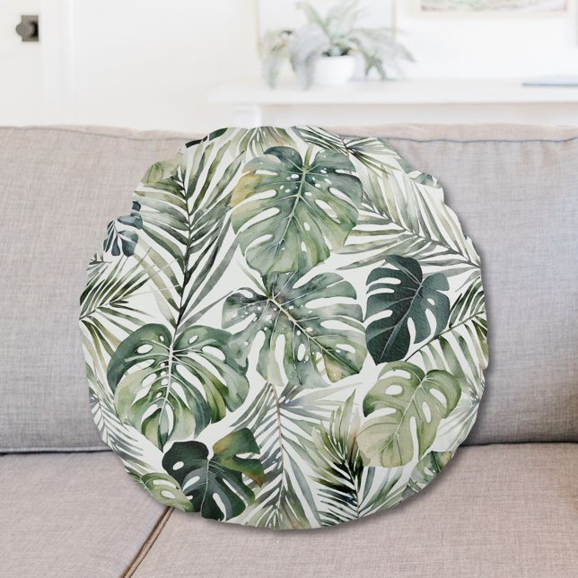 Cojín Redondo Patrón de hojas de selva tropical verde acuarela (In situ)