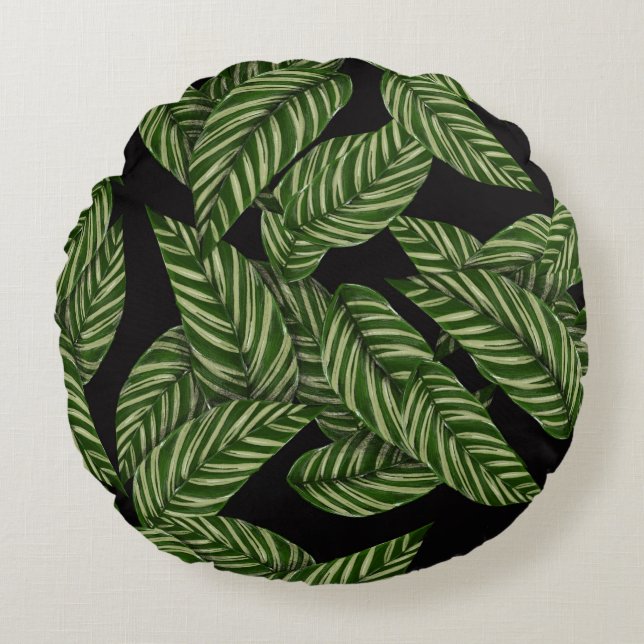 Cojín Redondo Patrón de hojas tropicales (Anverso)