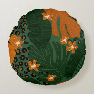 Cojín Redondo Patrón de hojas tropicales de leopardo exótico
