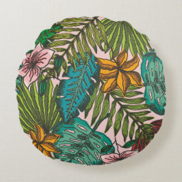 Cojín Redondo Patrón de Hojas Tropicales - Decoración Floral Boh