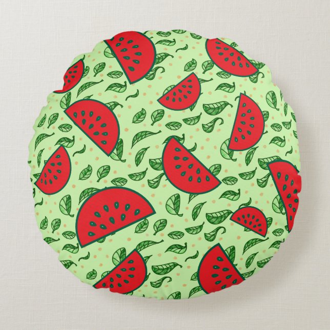 Cojín Redondo Patrón de hojas y sandías (Anverso)
