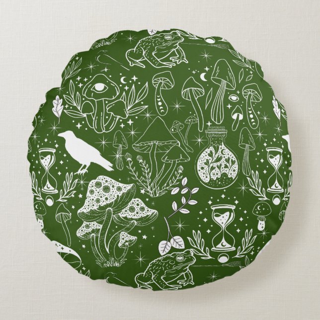 Cojín Redondo Patrón de hongos psicodélicos 2D.BW.b D Verde BG (Anverso)