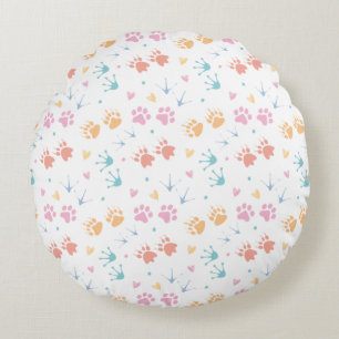 Cojín Redondo Patrón de huellas de patas de animales pastel