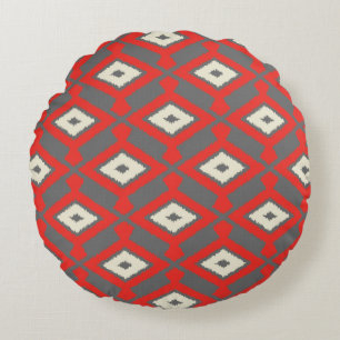 Cojín Redondo Patrón de Ikat - Rojo, Gris y Beige