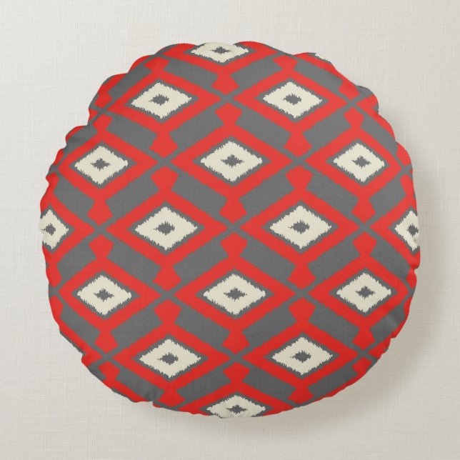 Cojín Redondo Patrón de Ikat - Rojo, Gris y Beige (Anverso)