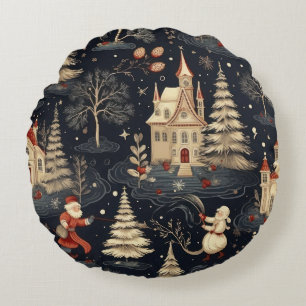 Cojín Redondo Patrón de Ilustracion navideño vintage
