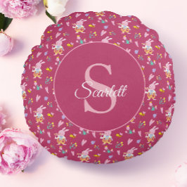 Cojín Redondo Patrón de jardín de conejito magenta lindo Monogra