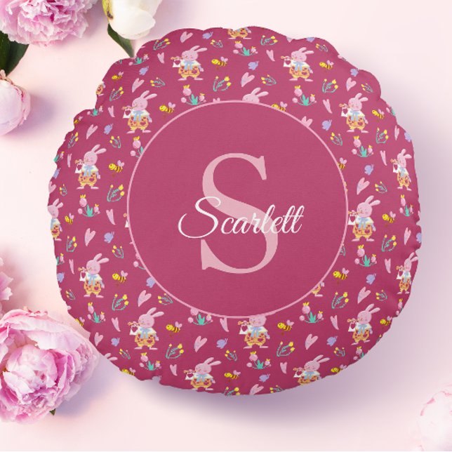 Cojín Redondo Patrón de jardín de conejito magenta lindo Monogra (Subido por el creador)