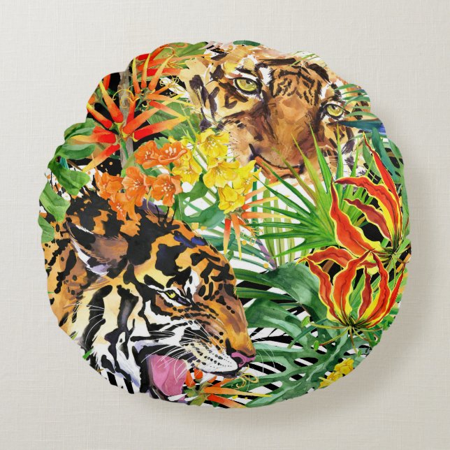 Cojín Redondo Patrón de jungla acuarela del tigre tropical (Anverso)