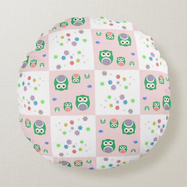 Cojín Redondo Patrón De Lechuza Colorida Para Niños (Anverso)