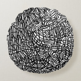 Cojín Redondo Patrón de líneas blancas y negras abstractas