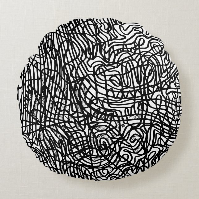 Cojín Redondo Patrón de líneas blancas y negras abstractas (Anverso)
