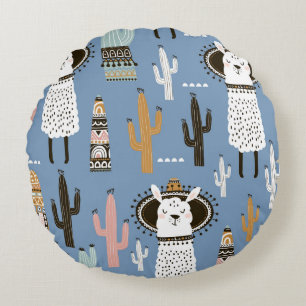Cojín Redondo Patrón de Llama, Cactus, Elementos dibujados a man