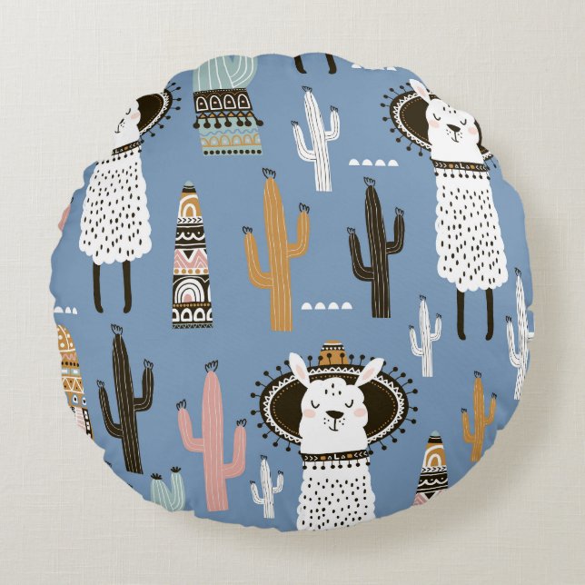 Cojín Redondo Patrón de Llama, Cactus, Elementos dibujados a man (Anverso)