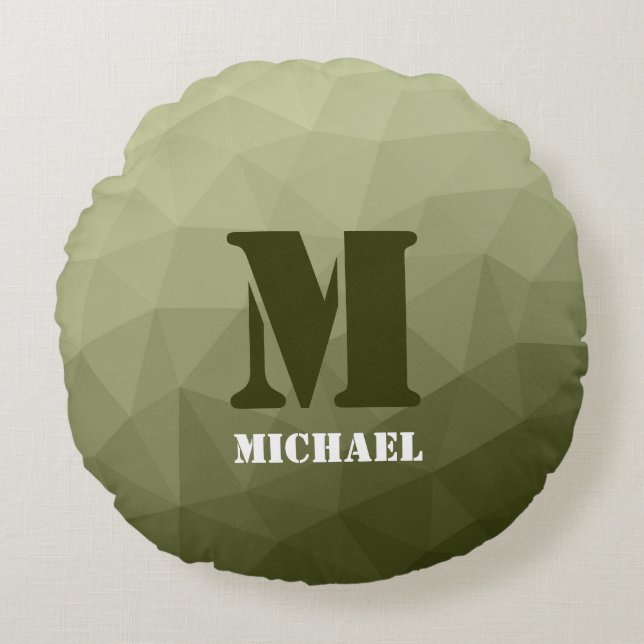Cojín Redondo Patrón de malla geométrica verde claro del ejércit (Anverso)