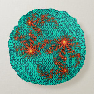 Cojín Redondo Patrón de mandala abstracto negro teal