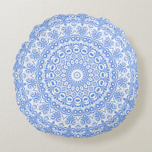Cojín Redondo Patrón de Mandala Azul de Aciano