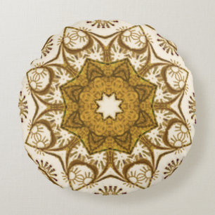 Cojín Redondo Patrón de Mandala Batik Mostaza Dorado y Crema