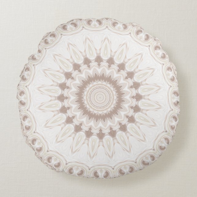 Cojín Redondo Patrón de Mandala Beige y Crema (Anverso)