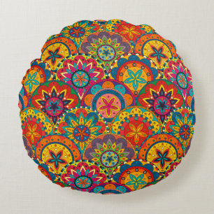 Cojín Redondo Patrón de mandala colorido retro funky