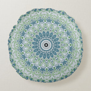 Cojín Redondo Patrón de Mandala Costero Verde Mar y Azul