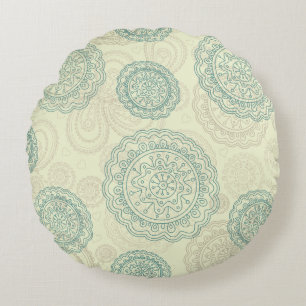 Cojín Redondo Patrón de mandala de cachemira verde menta vintage