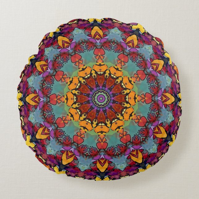 Cojín Redondo Patrón de Mandala de Caleidoscopio Fractal-64351 (Anverso)