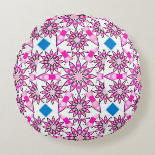 Cojín Redondo patrón de mandala, rosa caliente, negro y blanco