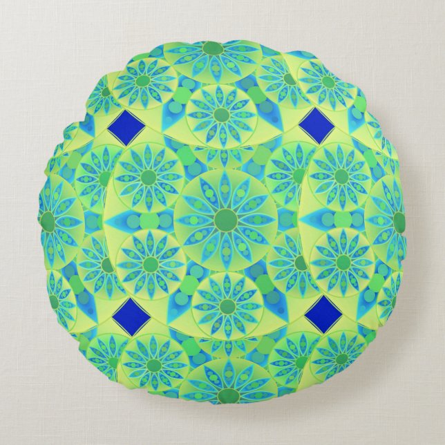 Cojín Redondo Patrón de Mandala, turquesa, azul, verde tilo (Anverso)