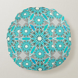 Cojín Redondo Patrón de mandala, turquesa, gris plateado y blanc