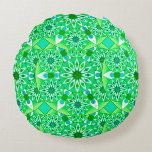 Cojín Redondo Patrón de Mandala, verde esmeralda y pavo real